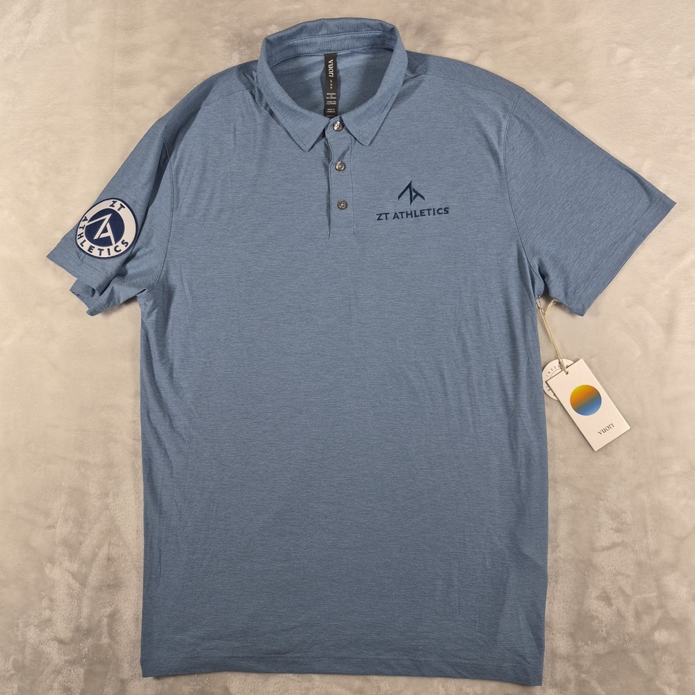 Vuori Strato Tech Polo Shirt Men's Large Blue Performance Logo Comfort V188 NWT